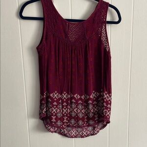 Sleeveless Lace Yoke Burgundy Printed Women's Top